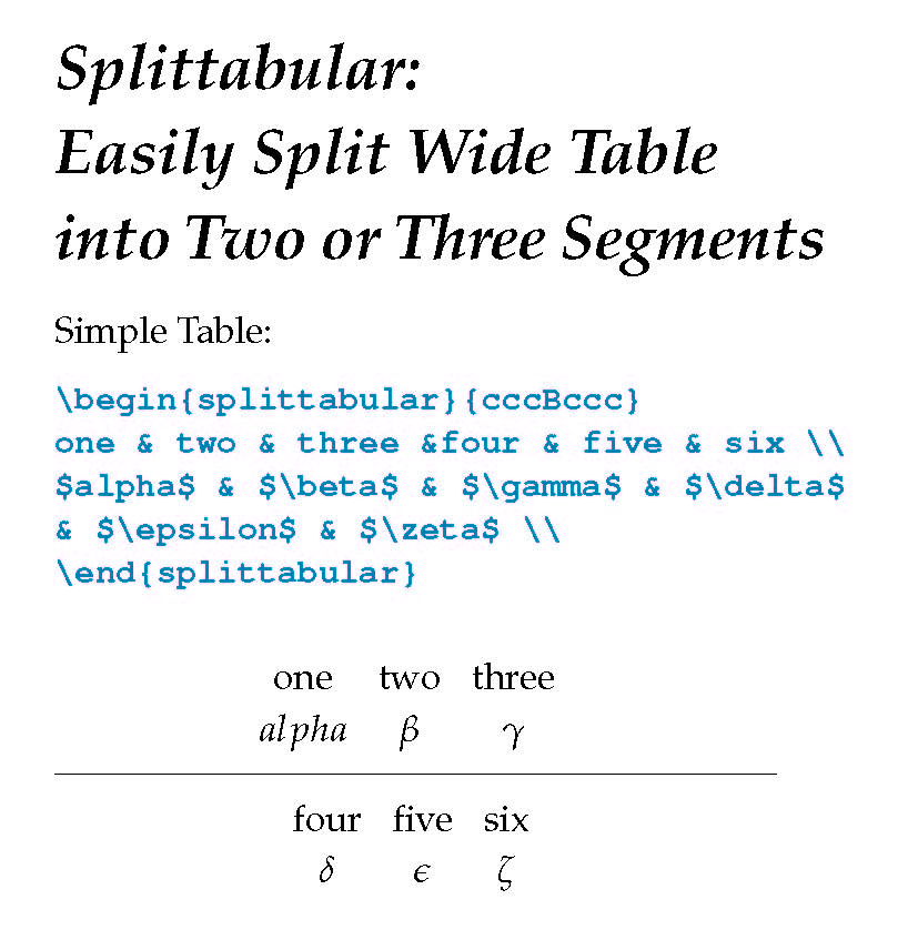 Showing LaTeX code and results
			for automatically splitting wide table into
	two or three parts, stacked;
			 a tool developed for
			American Astronomical Society Journal.