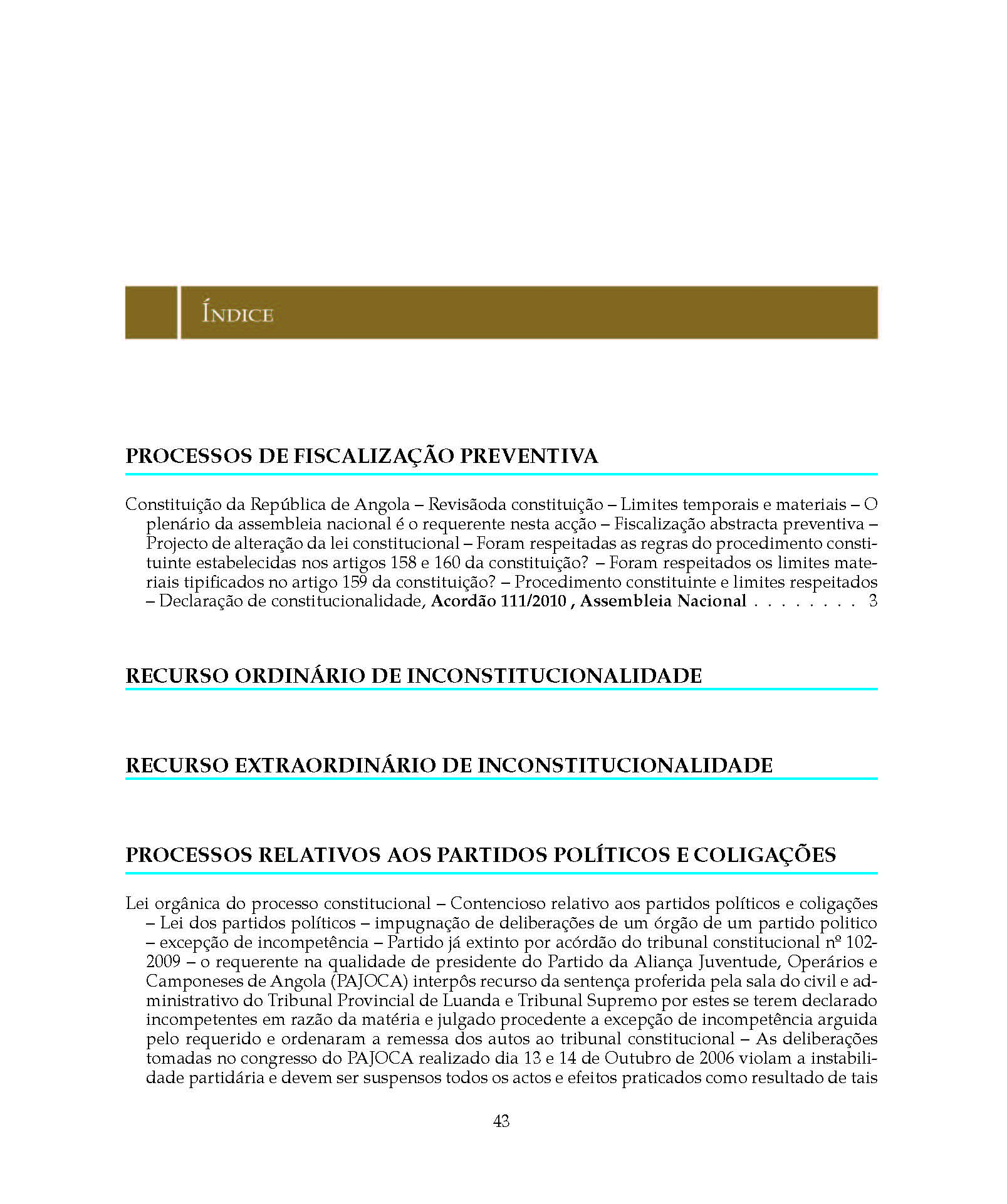 Image of index page of Record of Decisions by
     the Angola Supreme Court