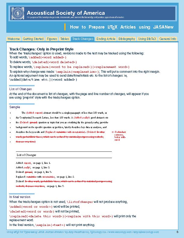 Image of page from documentation for macros written
	 for the Acoustical Society of America, showing how to
	 use Track Changes macros, devised and implemented by TeXnology.